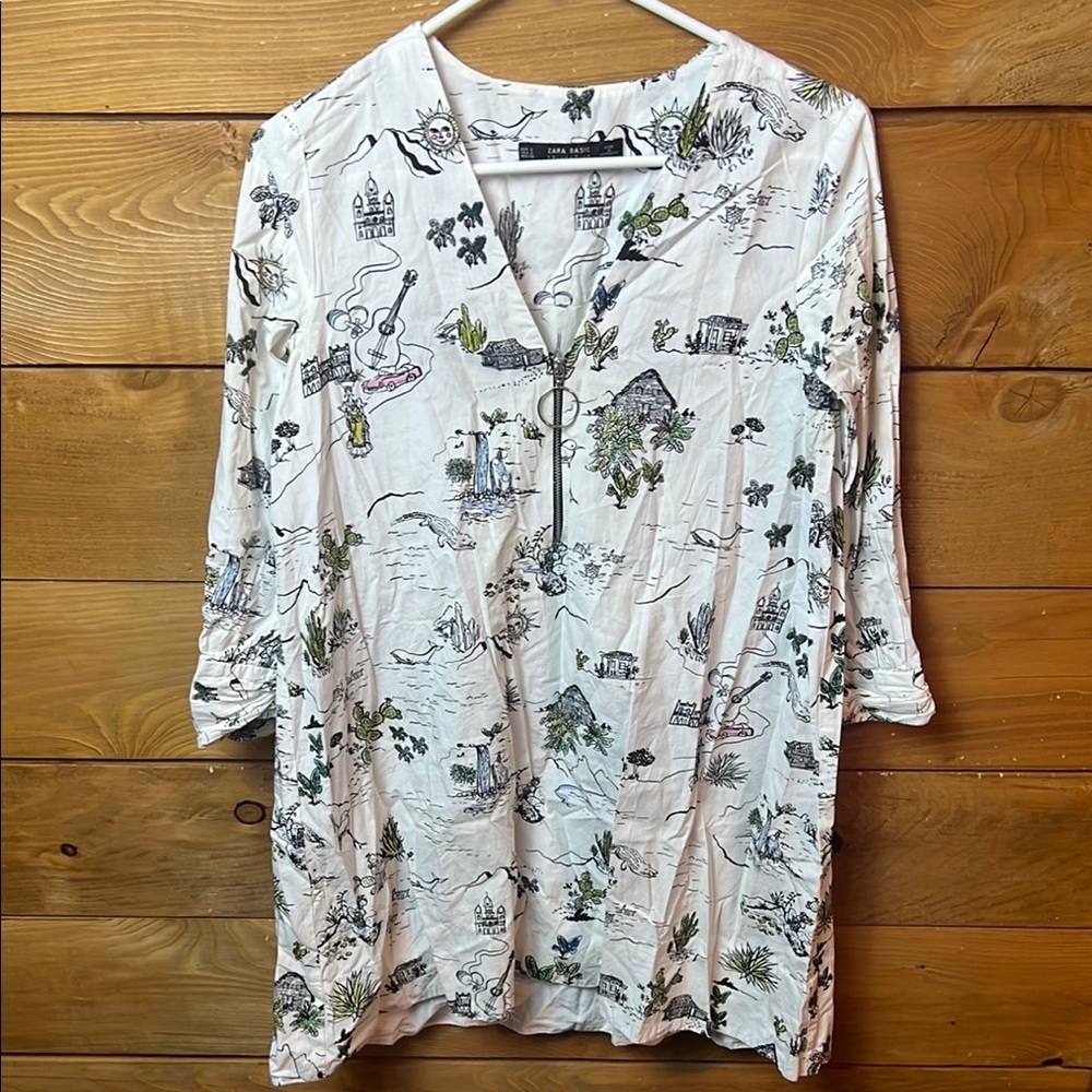 ZARA Dress Cover Up Hawaiian Aloha Basic Collection Womens S 1/4 Zip Beach‎ Swim